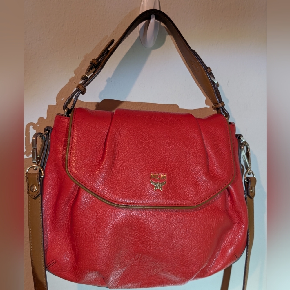 MCM Embossed Red Leather Shoulder/Crossbody Bag In Great Shape!